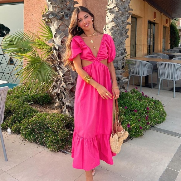 {Zara} Cut Out Poplin Dress Fuchsia Long Bloggers Favorite NWT • L - Picture 2 of 9